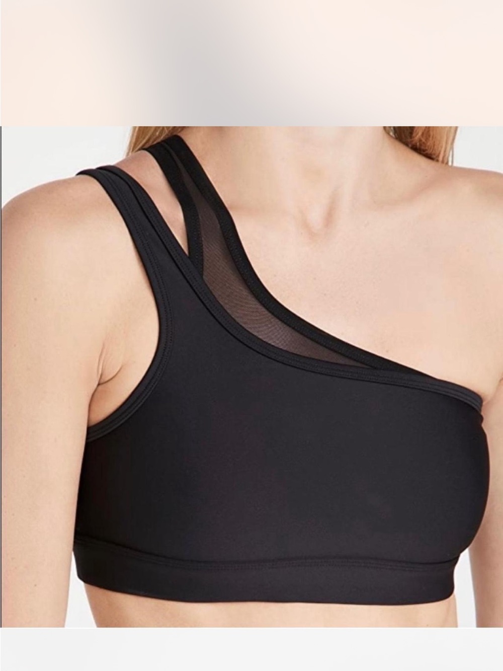 ALO Yoga One-Shoulder Black Mesh-Trim Sports Bra